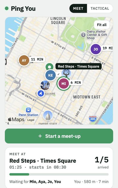 Friends moving towards the pin on the map