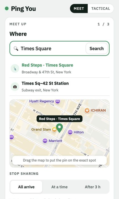 The meet-up screen: place, time and entrance hint